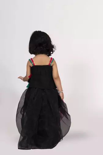 Twisha strappy frilled embroidered top with ghagra set - black & pink