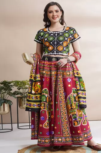 Cotton Long Flair Aari Embroidery Kutch Work (Lehenga Choli) Chaniya Choli Set with Dupatta Red - Free Size