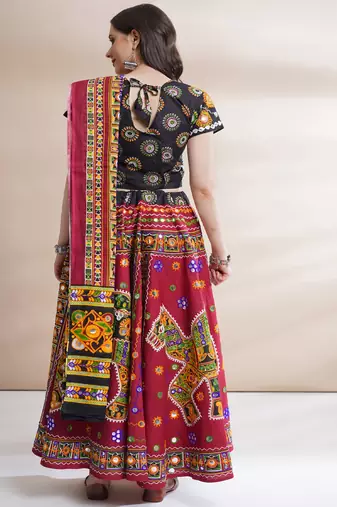Cotton Long Flair Aari Embroidery Kutch Work (Lehenga Choli) Chaniya Choli Set with Dupatta Red - Free Size