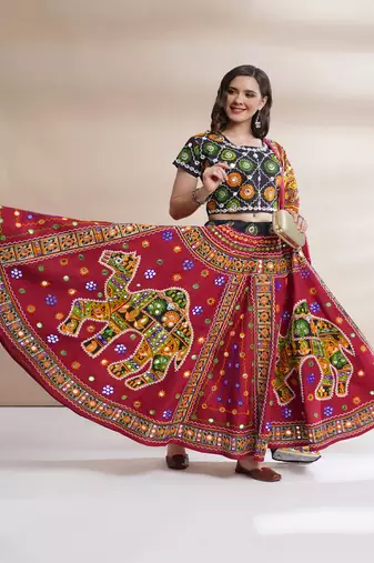 Cotton Long Flair Aari Embroidery Kutch Work (Lehenga Choli) Chaniya Choli Set with Dupatta Red - Free Size