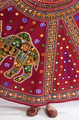 Cotton Long Flair Aari Embroidery Kutch Work (Lehenga Choli) Chaniya Choli Set with Dupatta Red - Free Size