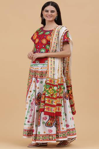 Cotton Long Flair Aari Embroidery Kutch Work (Lehenga Choli) Chaniya Choli Set with Dupatta White - Free Size