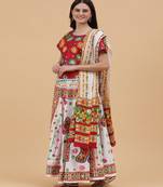 Cotton Long Flair Aari Embroidery Kutch Work (Lehenga Choli) Chaniya Choli Set with Dupatta White - Free Size
