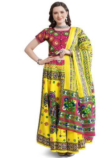 Cotton Long Flair Aari Embroidery Kutch Work (Lehenga Choli) Chaniya Choli Set with Dupatta Yellow - Free Size