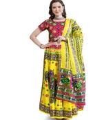 Cotton Long Flair Aari Embroidery Kutch Work (Lehenga Choli) Chaniya Choli Set with Dupatta Yellow - Free Size