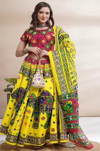 Cotton Long Flair Aari Embroidery Kutch Work (Lehenga Choli) Chaniya Choli Set with Dupatta Yellow - Free Size