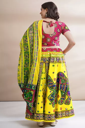 Cotton Long Flair Aari Embroidery Kutch Work (Lehenga Choli) Chaniya Choli Set with Dupatta Yellow - Free Size