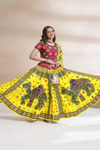 Cotton Long Flair Aari Embroidery Kutch Work (Lehenga Choli) Chaniya Choli Set with Dupatta Yellow - Free Size