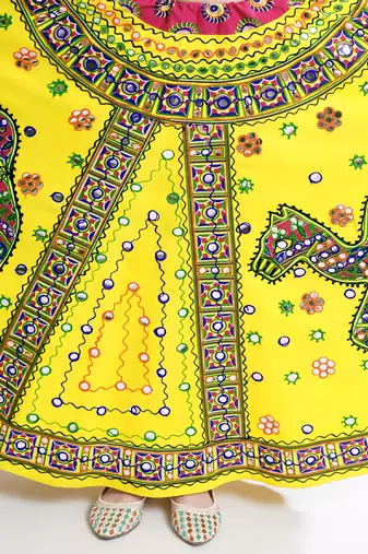 Cotton Long Flair Aari Embroidery Kutch Work (Lehenga Choli) Chaniya Choli Set with Dupatta Yellow - Free Size