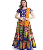 Cotton Long Flair Aari Embroidery Kutch Work (Lehenga Choli) Chaniya Choli Set with Dupatta Blue- Free Size