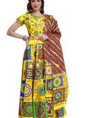 Cotton Long Flair Aari Embroidery Kutch Work (Lehenga Choli) Chaniya Choli Set with Dupatta Yellow Free Size
