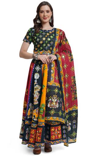Cotton Long Flair Aari Embroidery Kutch Work (Lehenga Choli) Chaniya Choli Set with Dupatta Black - Free Size