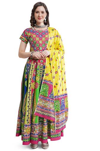 Cotton Long Flair Aari Embroidery Kutch Work (Lehenga Choli) Chaniya Choli Set with Dupatta Pink - Free Size