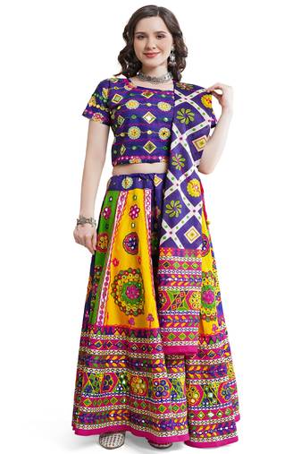 Cotton Long Flair Aari Embroidery Kutch Work (Lehenga Choli) Chaniya Choli Set with Dupatta Blue- Free Size