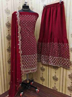 Zeepkart red georgette embroidered unstitched dressmaterials 3 pair top bottom dupptaa 2