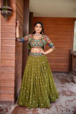 Mehendi Green Colour Wedding Wear Faux Georgette Fully Stitched Lehenga With Kotii ( Jecket ) 1