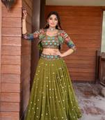 Mehendi Green Colour Wedding Wear Faux Georgette Fully Stitched Lehenga With Kotii ( Jecket )