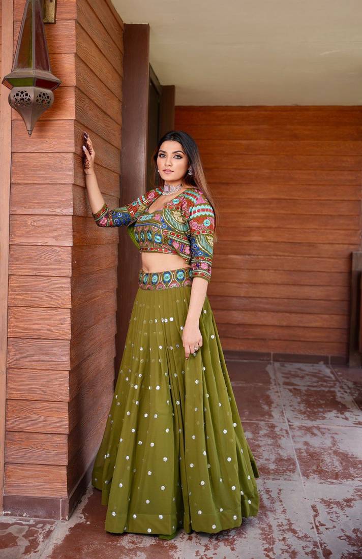 Mehendi Green Colour Wedding Wear Faux Georgette Fully Stitched Lehenga With Kotii ( Jecket )