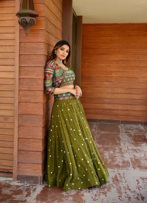 Mehendi Green Colour Wedding Wear Faux Georgette Fully Stitched Lehenga With Kotii ( Jecket ) 4