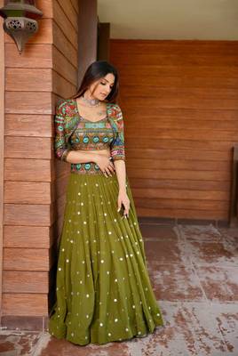 Mehendi Green Colour Wedding Wear Faux Georgette Fully Stitched Lehenga With Kotii ( Jecket ) 5