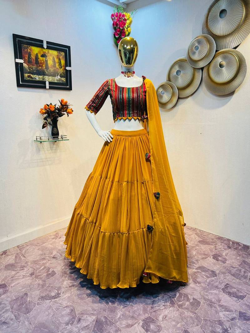 Yellow Colour Wedding Special Faux Georgette Fully Stitched Lehenga Choli