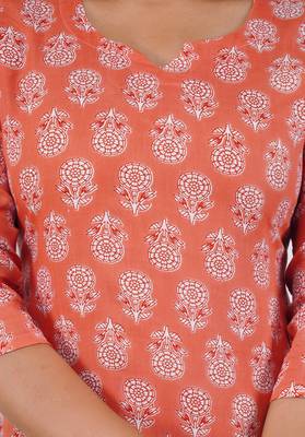 Orange floral printed work rayon short kurti 2