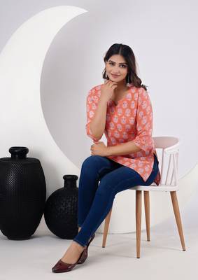 Orange floral printed work rayon short kurti 3