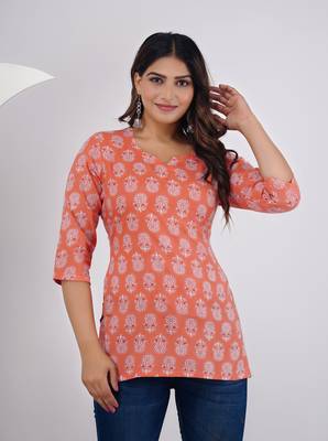 Orange floral printed work rayon short kurti 5