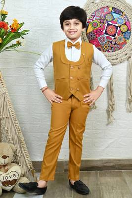 Boys cotton full sleeves solid 3 piece party suit set with bow - mustard 1