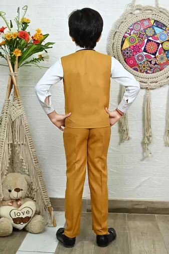 Boys cotton full sleeves solid 3 piece party suit set with bow - mustard