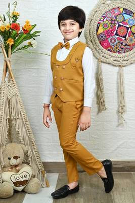 Boys cotton full sleeves solid 3 piece party suit set with bow - mustard 3