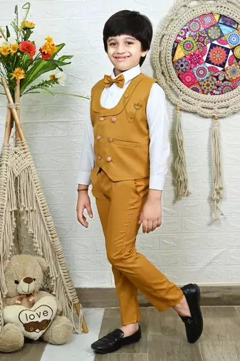 Boys cotton full sleeves solid 3 piece party suit set with bow - mustard
