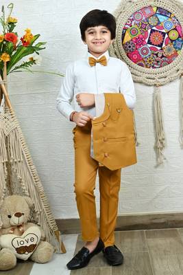 Boys cotton full sleeves solid 3 piece party suit set with bow - mustard 4