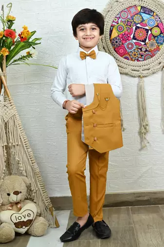 Boys cotton full sleeves solid 3 piece party suit set with bow - mustard