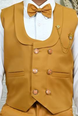 Boys cotton full sleeves solid 3 piece party suit set with bow - mustard 5