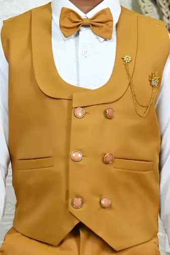 Boys cotton full sleeves solid 3 piece party suit set with bow - mustard