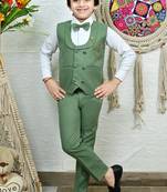 Boys cotton full sleeves solid 3 piece party suit set with bow - green