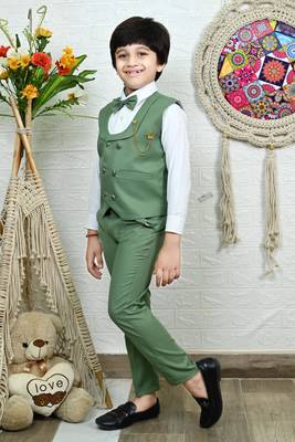 Boys cotton full sleeves solid 3 piece party suit set with bow - green 3
