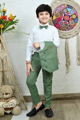 Boys cotton full sleeves solid 3 piece party suit set with bow - green 4