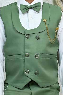 Boys cotton full sleeves solid 3 piece party suit set with bow - green 5