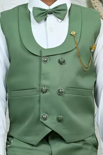 Boys cotton full sleeves solid 3 piece party suit set with bow - green