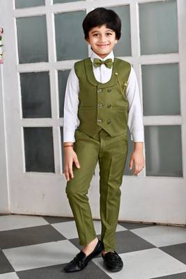 Boys cotton full sleeves solid 3 piece party suit set with bow - mehandi 1