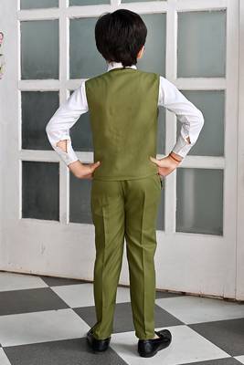 Boys cotton full sleeves solid 3 piece party suit set with bow - mehandi 2