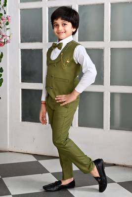 Boys cotton full sleeves solid 3 piece party suit set with bow - mehandi 3