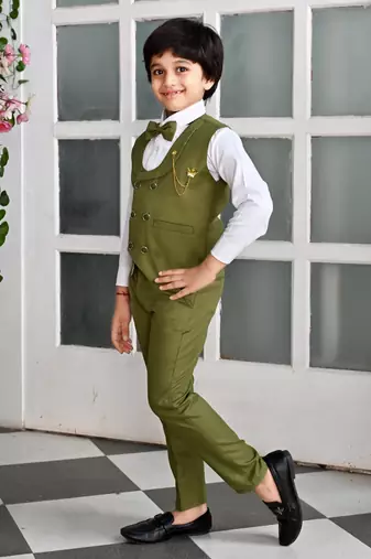 Boys cotton full sleeves solid 3 piece party suit set with bow - mehandi