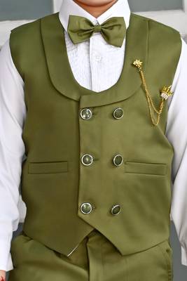 Boys cotton full sleeves solid 3 piece party suit set with bow - mehandi 5
