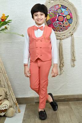 Boys cotton full sleeves solid 3 piece party suit set with bow - peach 1