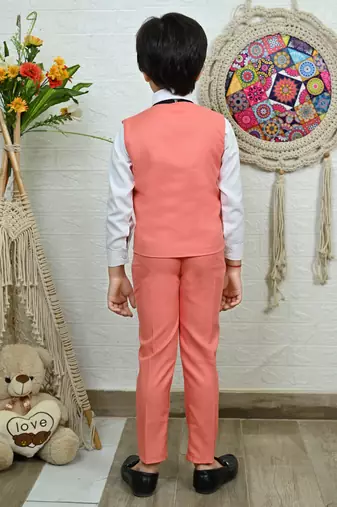 Boys cotton full sleeves solid 3 piece party suit set with bow - peach
