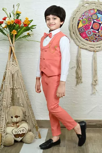 Boys cotton full sleeves solid 3 piece party suit set with bow - peach