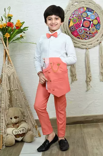 Boys cotton full sleeves solid 3 piece party suit set with bow - peach